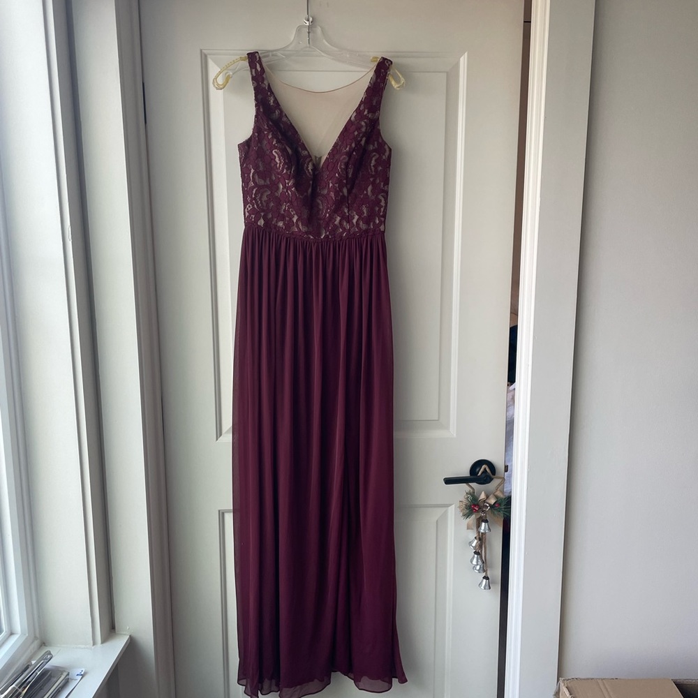 David’s Bridal Illusion V-Neck Lace and Mesh Dress Wine